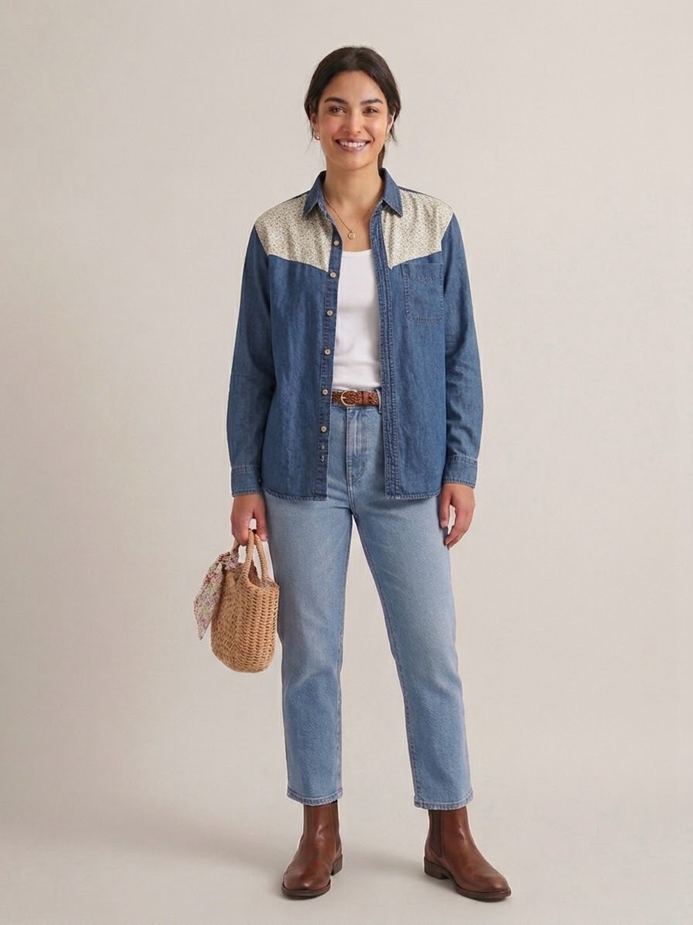 Vintage denim shirt with floral detail